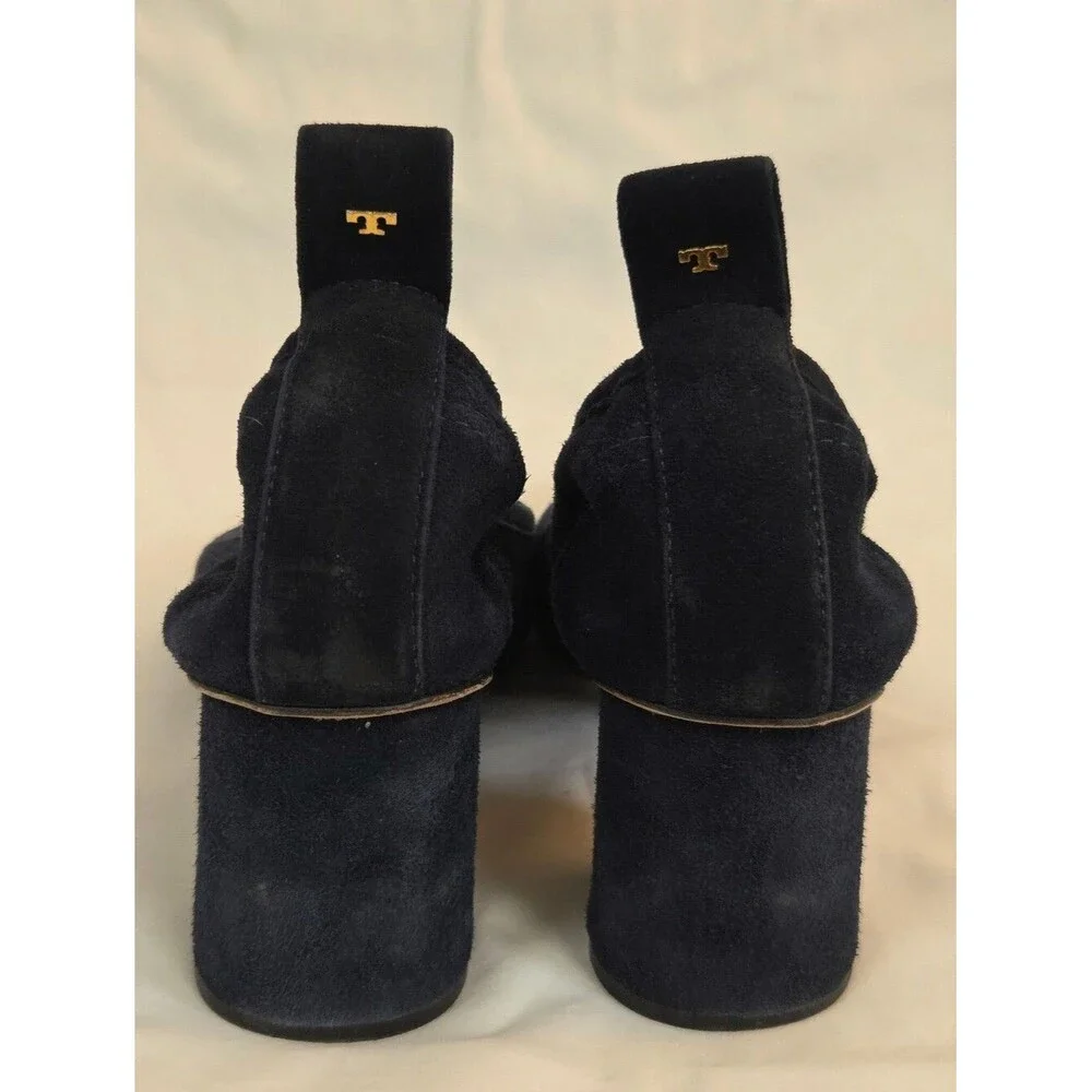 Tory Burch Navy Suede Round-Toe Block Heel Pumps